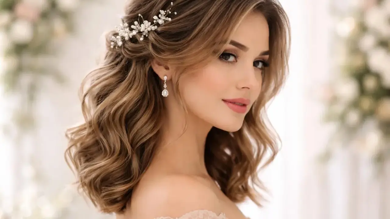 Une jeune femme aux cheveux mi-longs ondulés arbore une coiffure bohème ornée d'une délicate parure de perles et de cristaux.