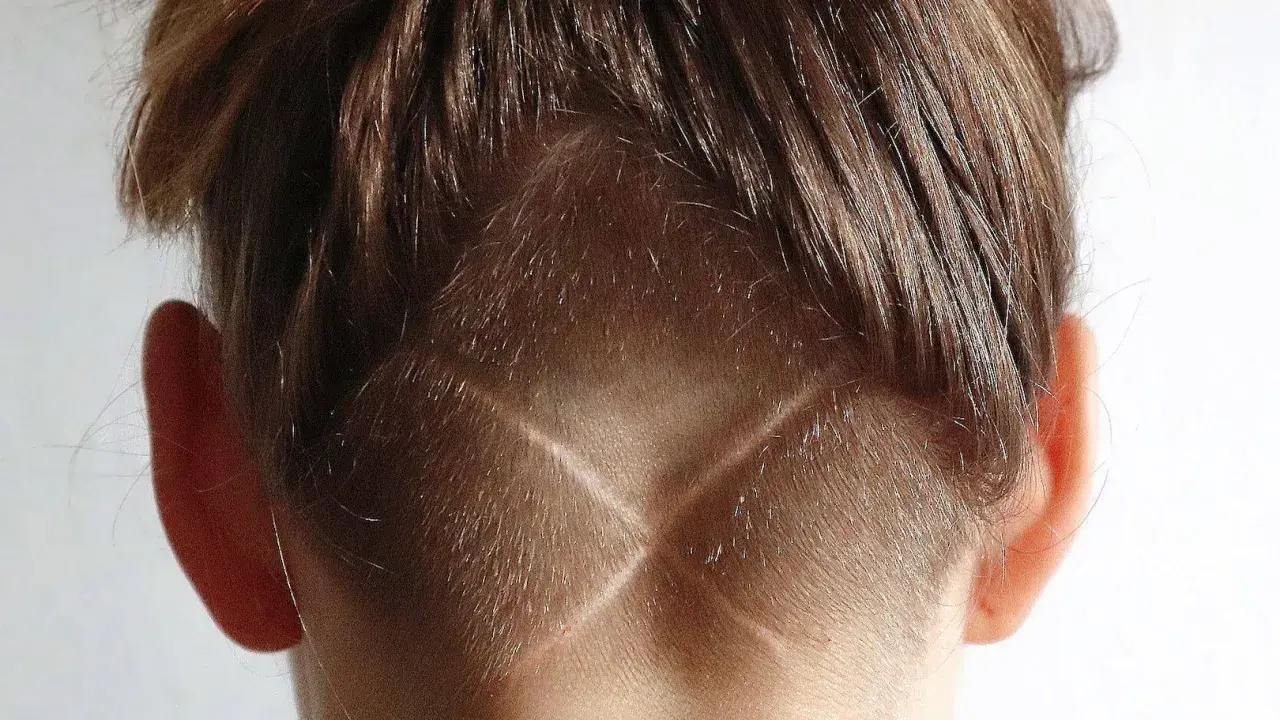 Vue arrière de la tête d'une personne avec des cheveux bruns. Le bas de la nuque est rasé en forme de V, créant un effet de désépaissir cheveux.
