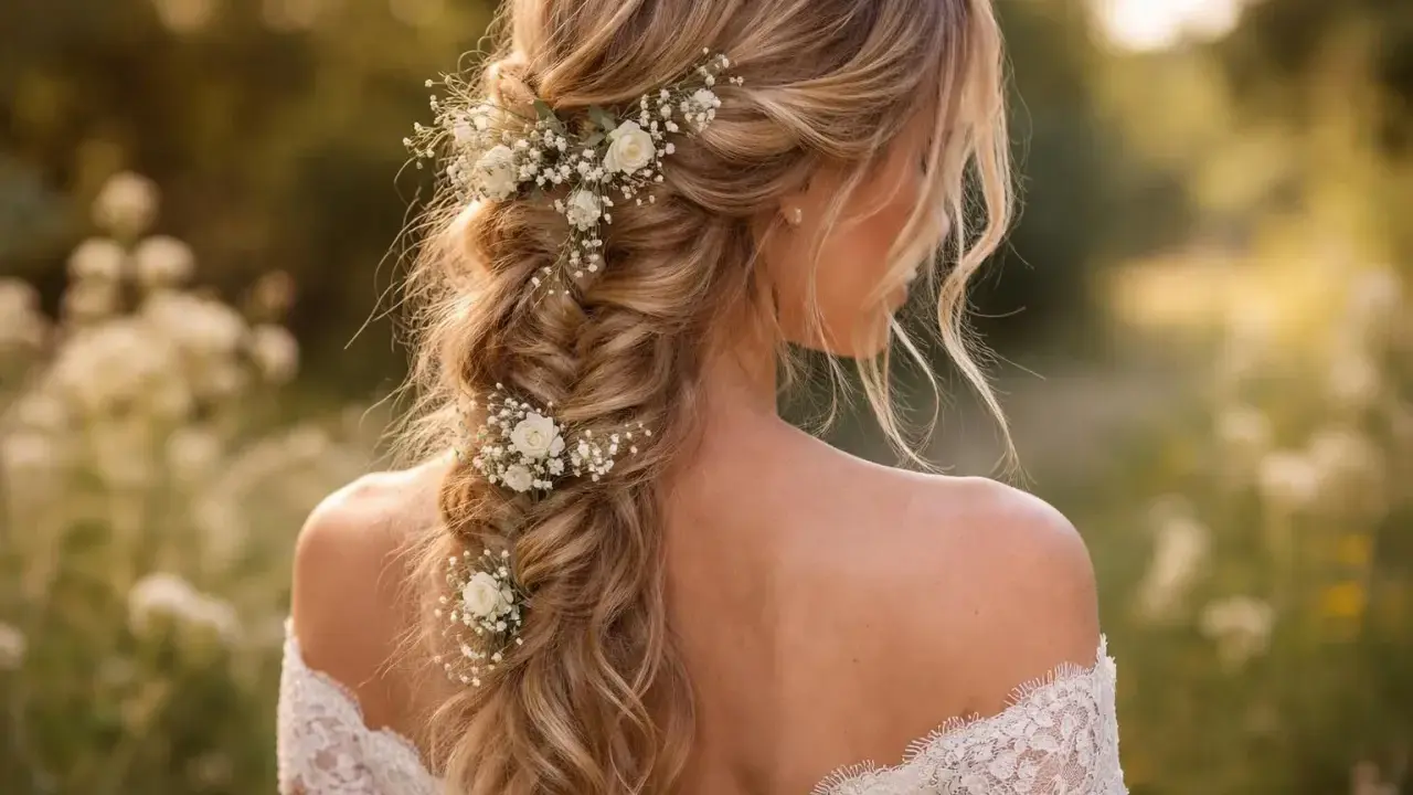 Coiffure bohème chic avec tresse ornée de petites fleurs blanches. Une mariée rayonnante dans un décor champêtre.