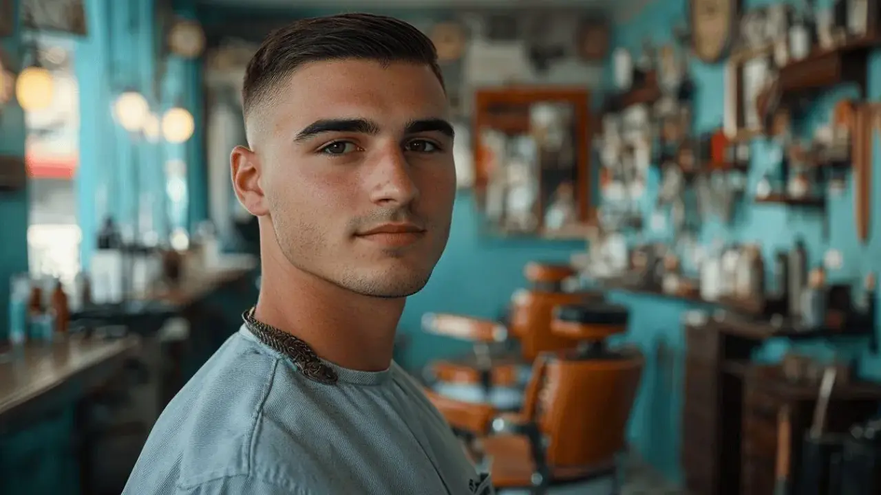 Jeune homme avec une coupe brosse homme impeccable, dans un salon de coiffure vintage.