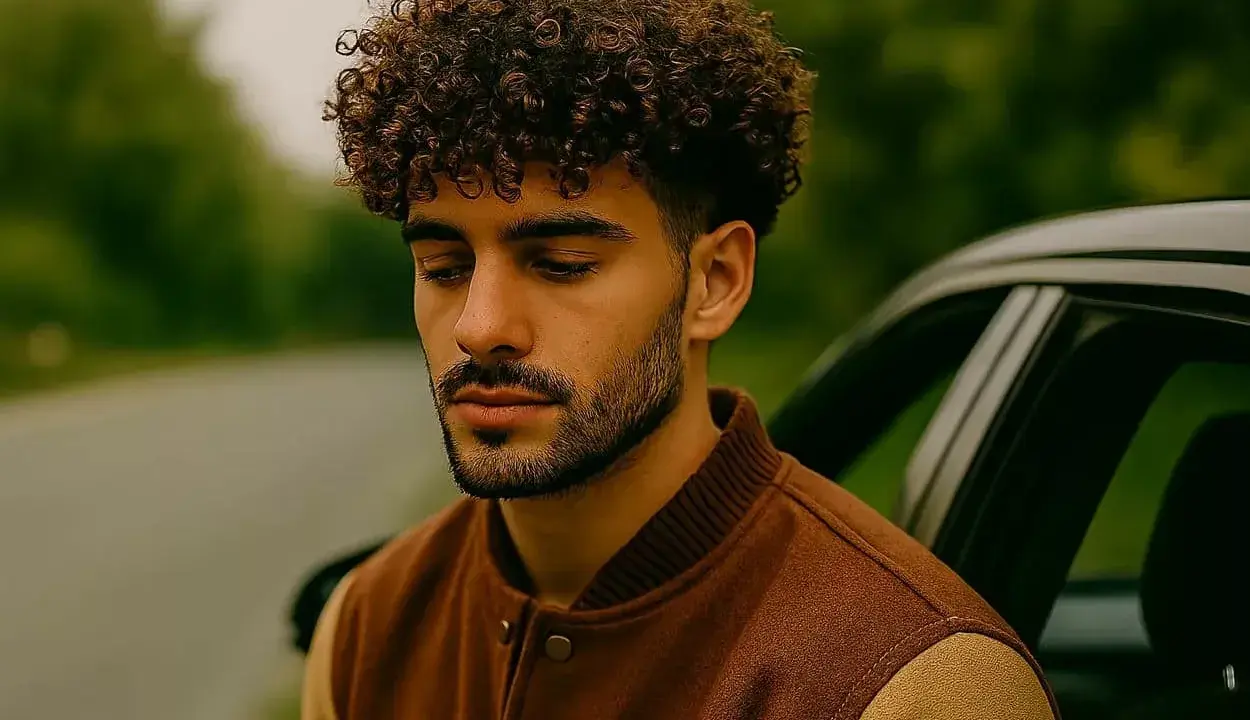 Un jeune homme aux cheveux bouclés, pensif, appuyé contre une voiture en pleine nature.