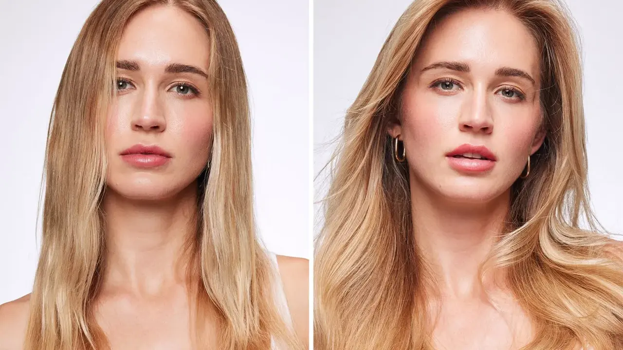 Avant/après : des cheveux lisses et plats deviennent volumineux et texturisés. Le produit donne un effet texturiser cheveux incroyable.