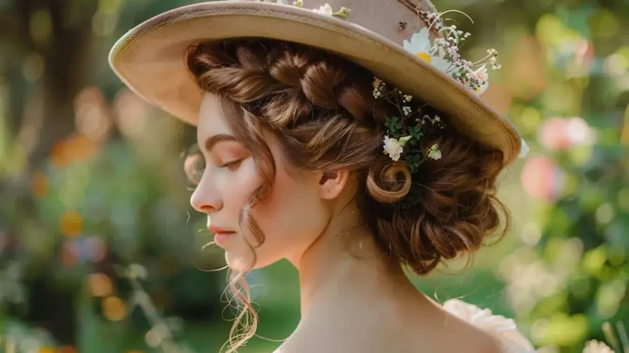 Coiffure avec chapeau de paille ornée de fleurs, une jeune femme aux boucles brunes rêveuses dans un jardin ensoleillé.