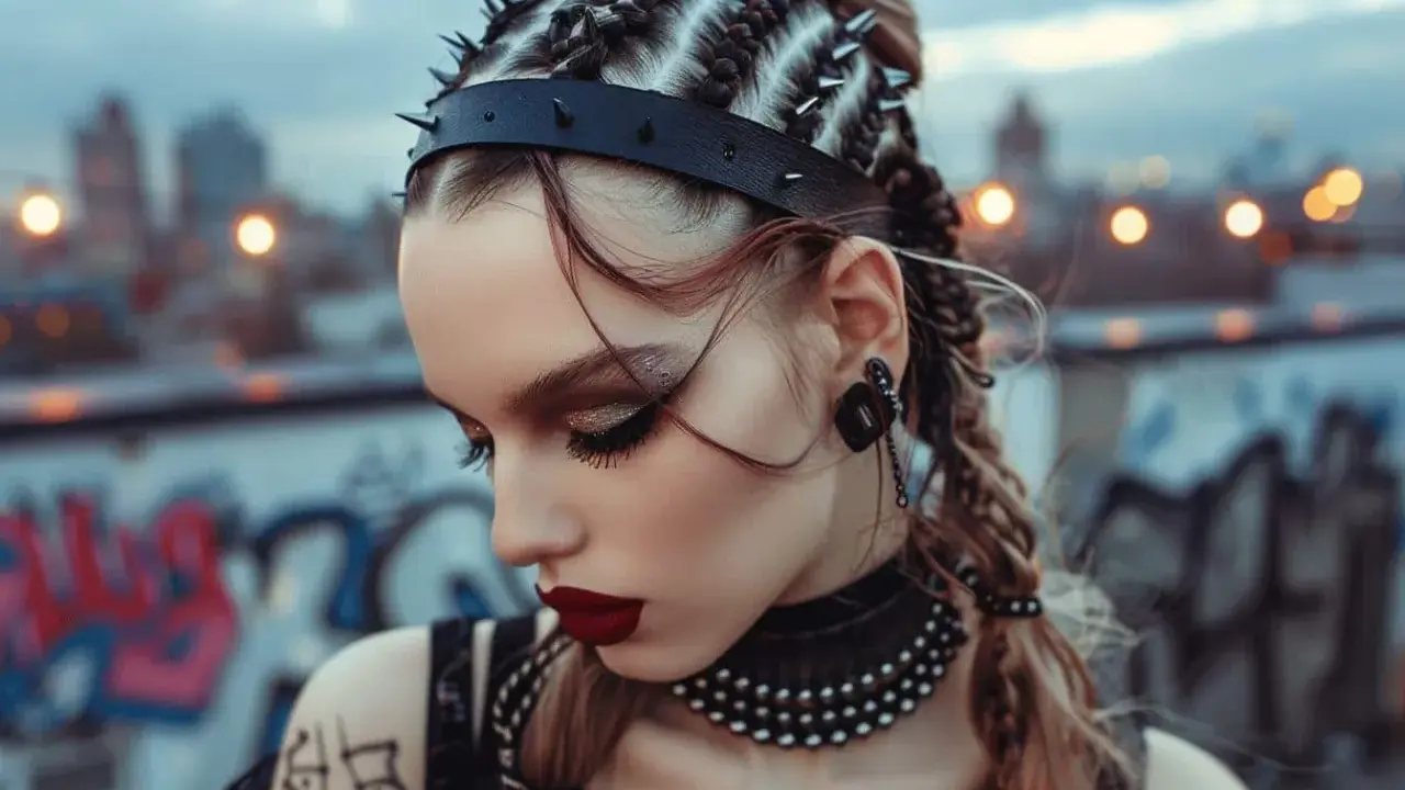 Coiffure rock femme facile : tresses audacieuses ornées de clous, maquillage intense et choker. Une allure rebelle capturée sur fond urbain.