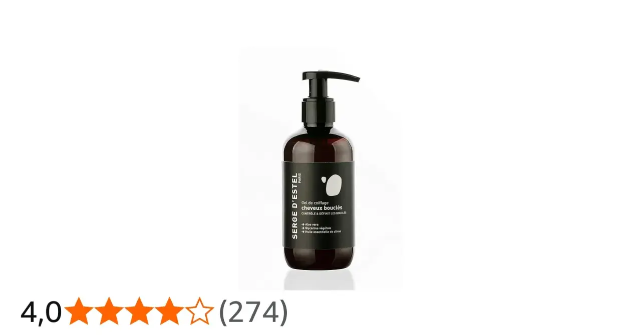 Flacon pompe de gel de coiffage Serge D'Estel pour cheveux bouclés, avec aloe vera et huile essentielle de citron.