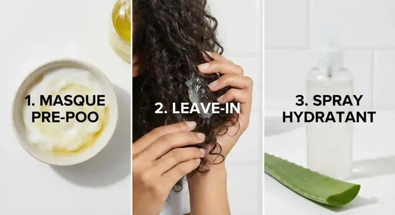 Étapes pour des cheveux hydratés : masque pré-poo, leave-in et spray. Le gel d'aloe vera est idéal pour l'utilisation gel aloe vera cheveux.