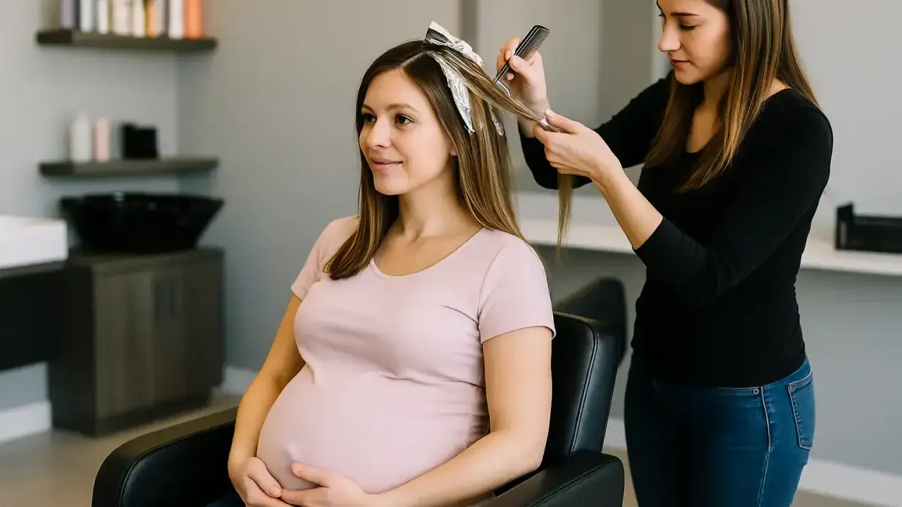 Une femme enceinte profite d'un balayage chez le coiffeur. Elle tient son ventre avec un sourire doux.