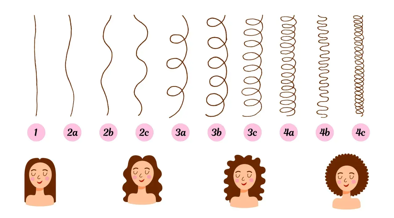 Guide pour comment savoir son type de cheveux : des mèches lisses aux boucles serrées, avec des exemples visuels et des numéros.