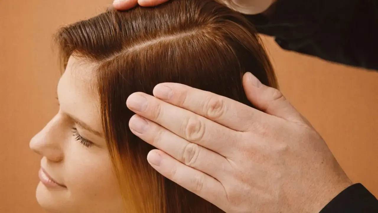 Mains caressant des cheveux châtains, séparés en deux sections. Une femme regarde vers le bas, l'air pensif, peut-être à cause de ses cheveux moches.