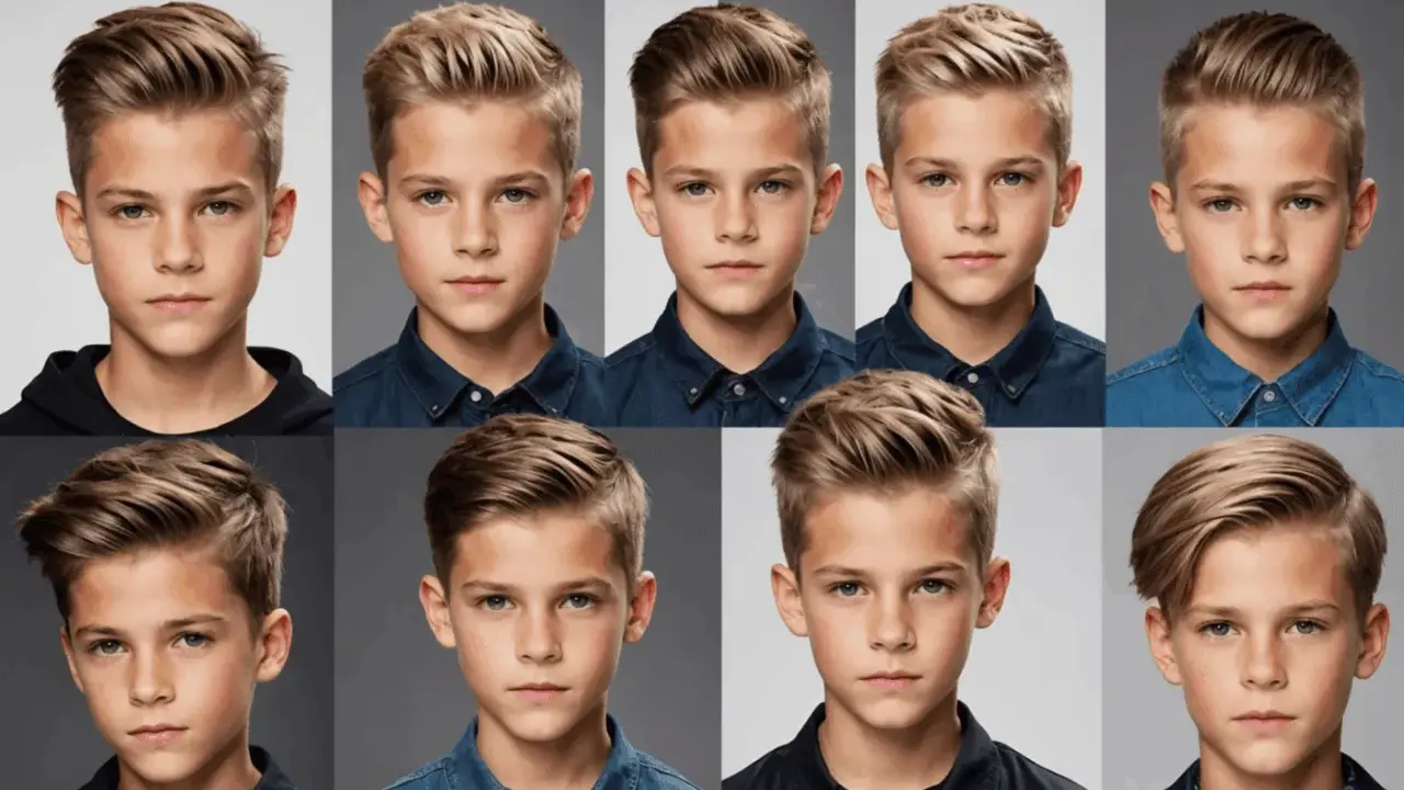 Huit portraits de jeunes garçons présentant différentes versions d'une coupe bébé garçon moderne et stylée.
