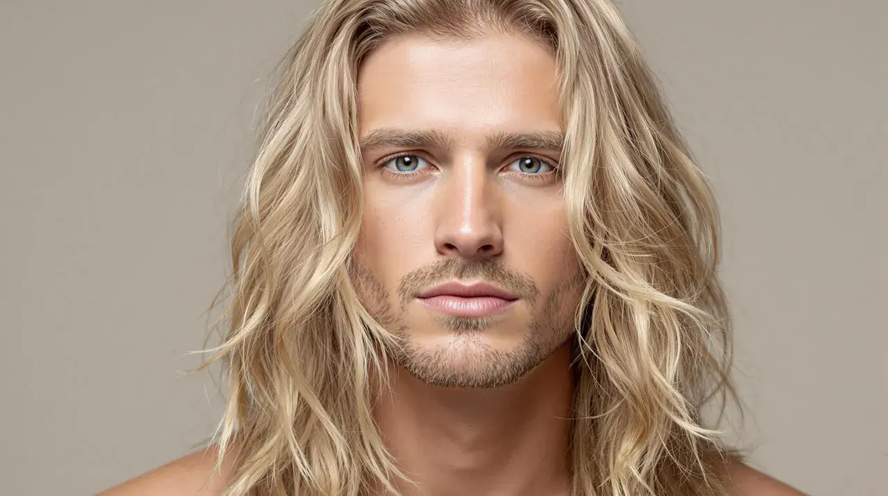 Un homme aux longs cheveux blonds ondulés, un regard intense et une barbe naissante. Sa mèche blonde encadre son visage.