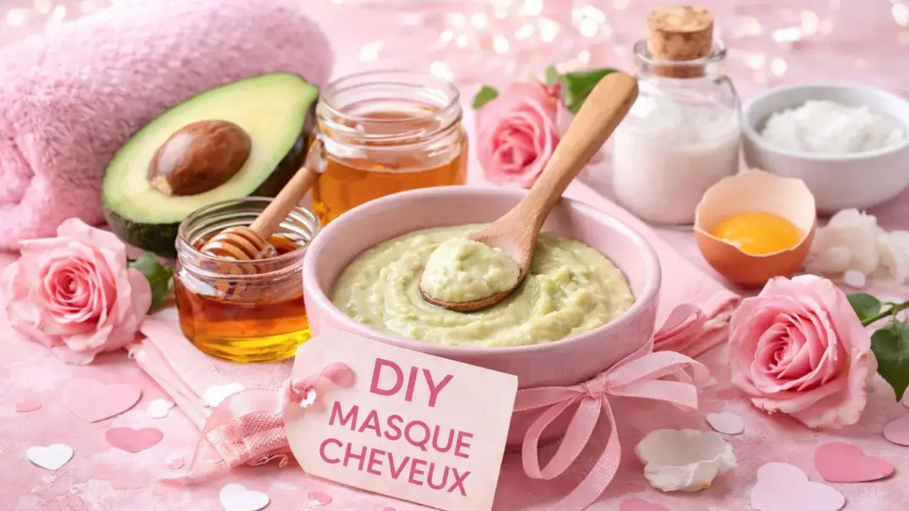 Un bol de masque cheveux avocat, miel, lait et œuf, entouré de roses roses et de cœurs.