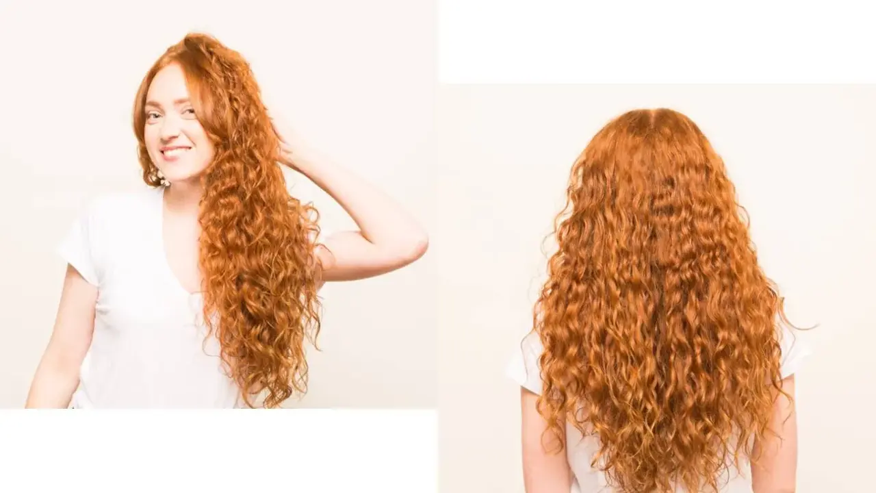 Femme souriante avec de magnifiques cheveux ondulés ou bouclés roux, vus de face et de dos.