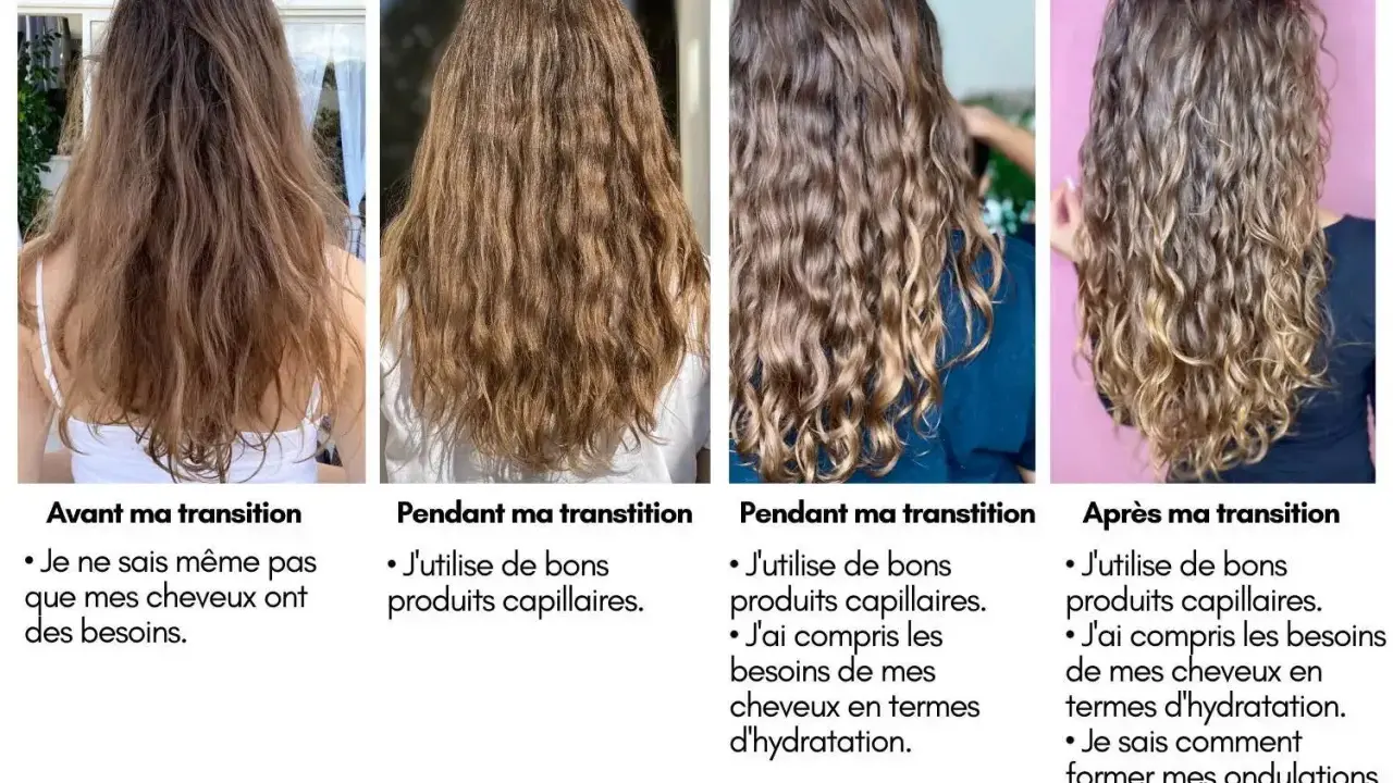 Cheveux indisciplinés avant, pendant et après une transition capillaire. Les boucles se forment grâce à de bons produits et une meilleure compréhension des besoins d'hydratation.