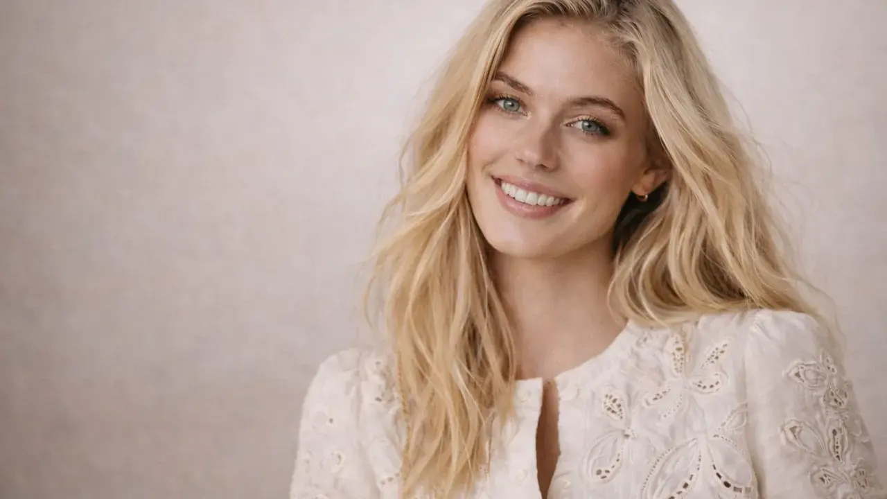 Une jeune femme au sourire radieux, ses **cheveux décolorés** tombant en cascade sur ses épaules, porte une blouse blanche brodée.