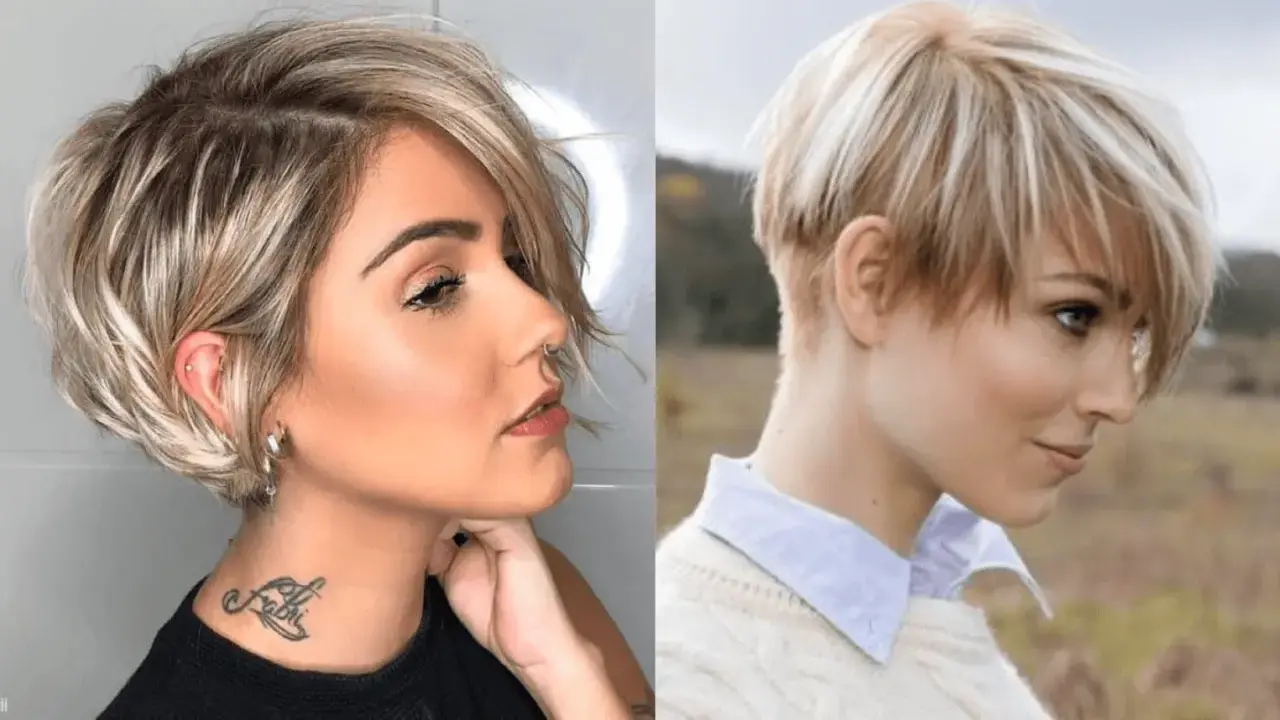 Deux femmes arborent des coupes de cheveux courts stylées, l'une avec un dégradé asymétrique, l'autre avec une pixie blonde.