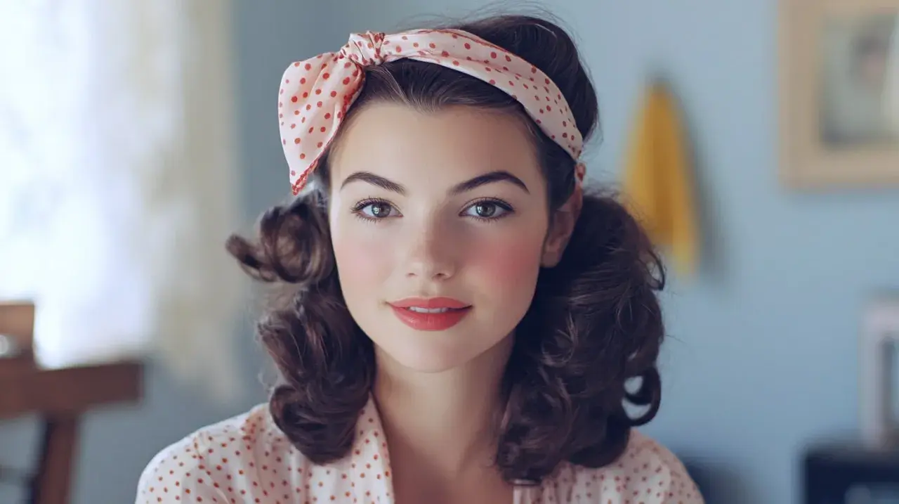 Jeune femme avec une coiffure année 40, des couettes bouclées et un foulard à pois.