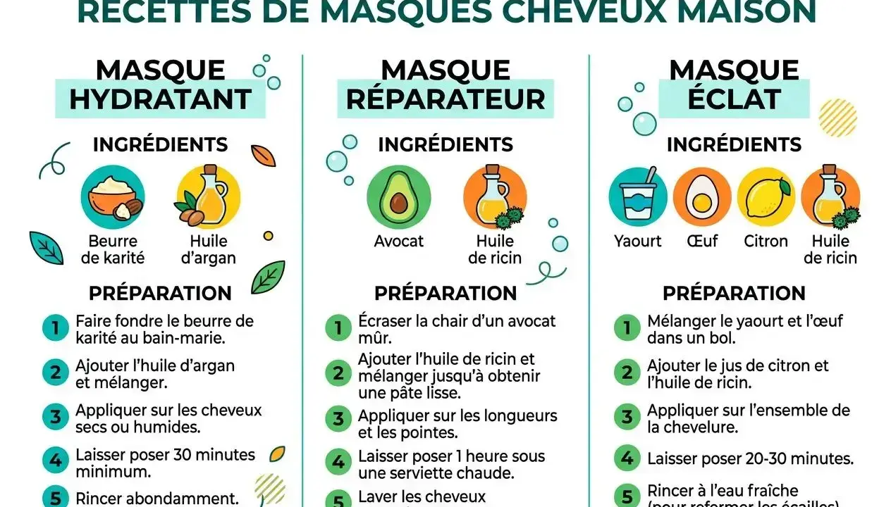Recettes de masques cheveux maison : hydratant (beurre de karité, huile d'argan), réparateur (avocat, huile de ricin), éclat (yaourt, œuf, citron, huile de ricin).