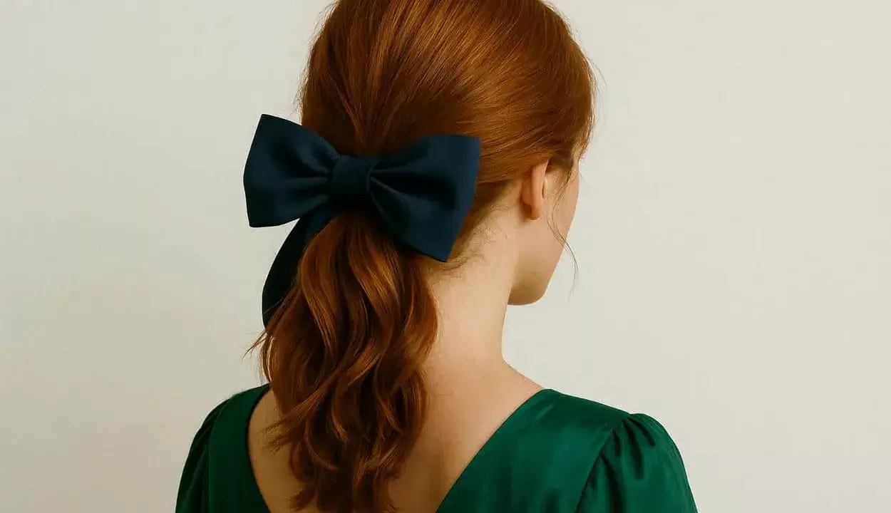 Une queue de cheval aux cheveux roux est ornée d'un grand nœud bleu marine, ajoutant une touche d'élégance à cette coiffure.