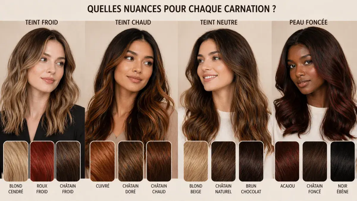 Quatre femmes aux teints variés présentent différentes couleurs de cheveux, allant du blond cendré au noir ébène, pour trouver la nuance parfaite.