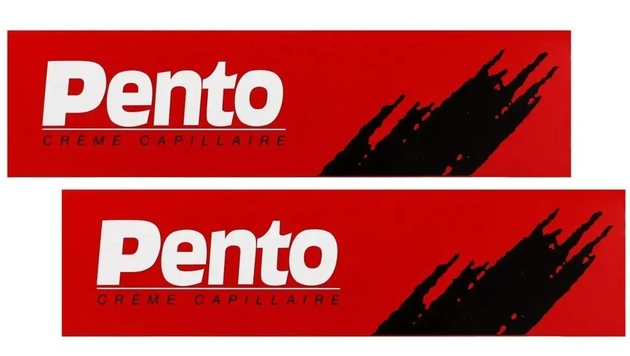 Deux logos Pento Crème Capillaire sur fond rouge. Attention, ce produit peut être dangereux pour vos cheveux.
