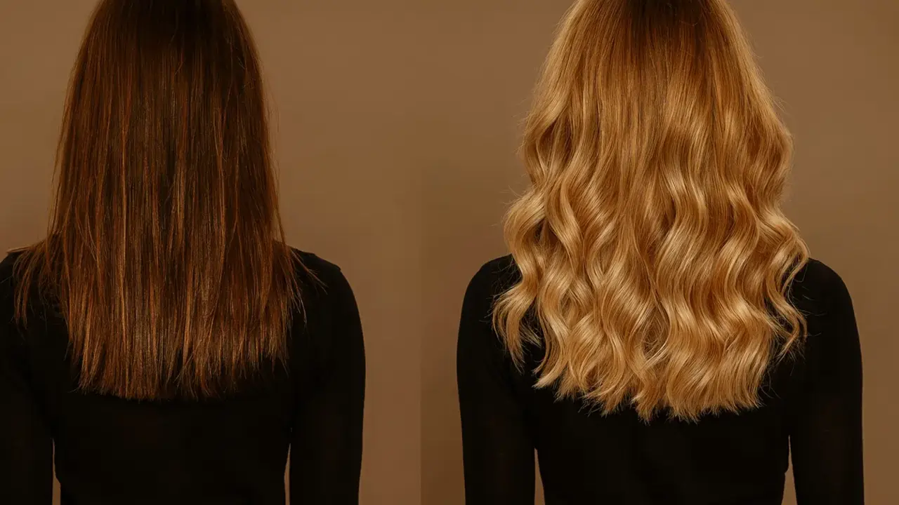 Avant/après : coloration blonde sur brune, résultat éclatant et wavy.
