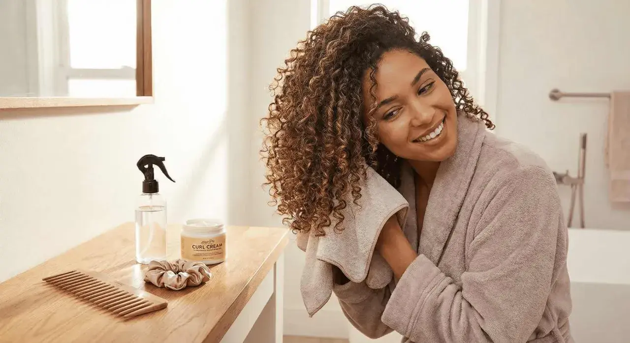 Une femme souriante utilise une serviette sur ses cheveux bouclés. Sur la table, un peigne, une crème pour boucles et un spray d'eau pour un tuto coiffure cheveux bouclés naturel.