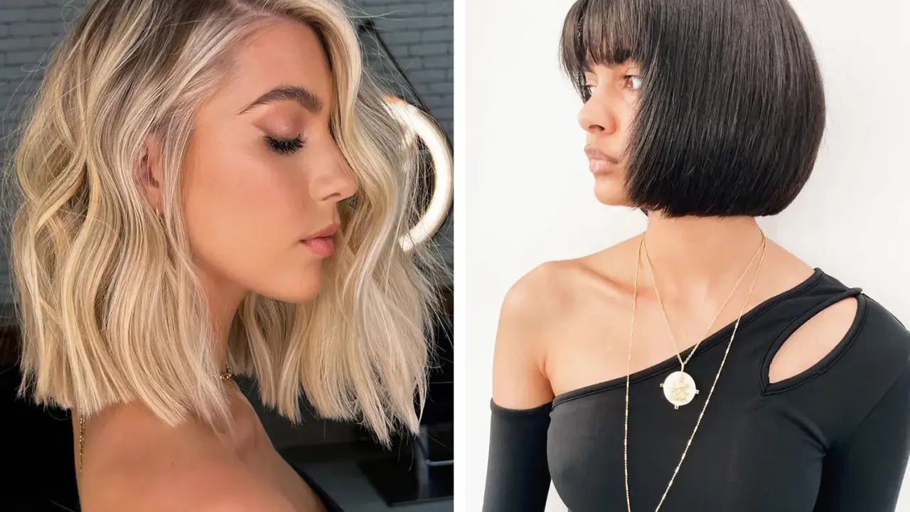 Deux femmes présentent des coupes de cheveux différentes. L'une a des cheveux blonds ondulés, l'autre des cheveux noirs courts. La longueur des cheveux varie.