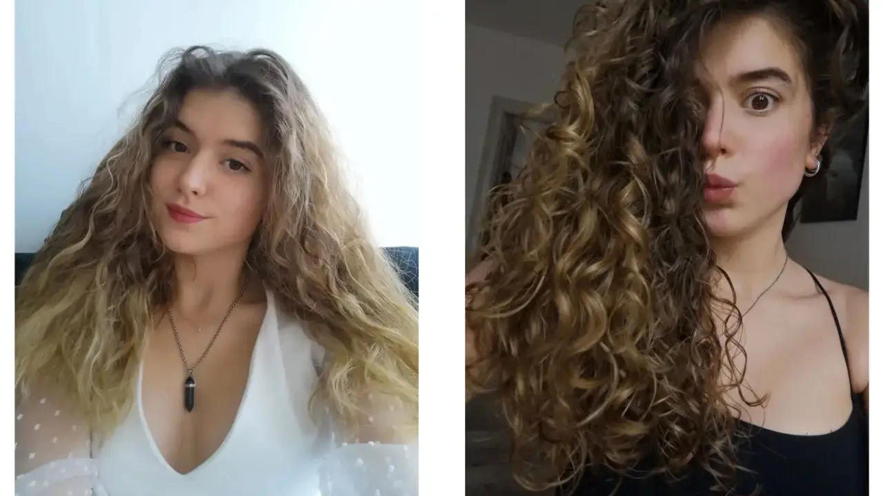 Avant/après : des cheveux raides et ondulés se transforment en boucles définies et volumineuses.