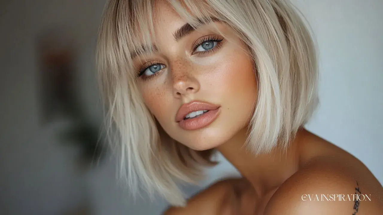 Un portrait de femme aux yeux bleus perçants, un nez parsemé de taches de rousseur et une **mèche blonde devant** encadrant son visage.
