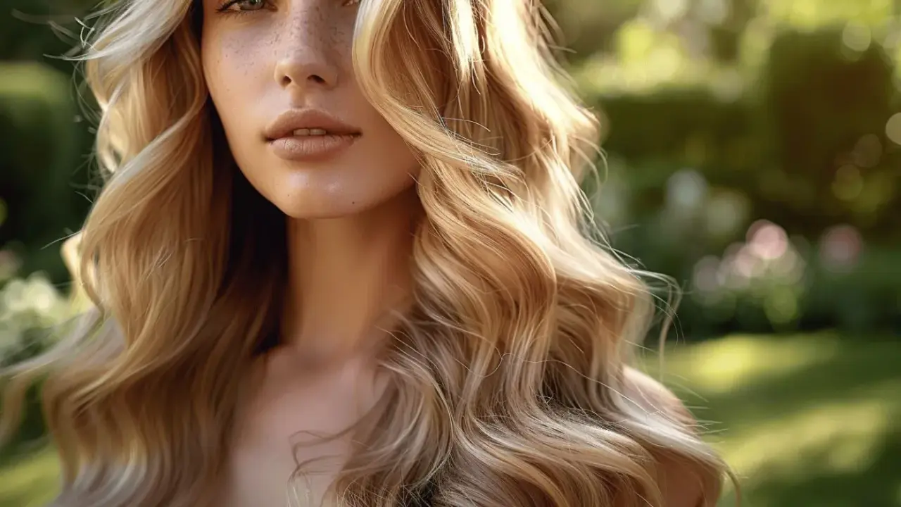 Une femme aux cheveux blonds ondulés, avec un dégradé ombré subtil, sourit doucement dans un jardin ensoleillé.