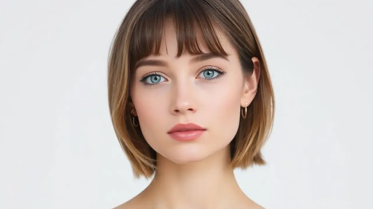 Une femme à la peau pâle avec des yeux bleus perçants et une coupe au carré châtain clair. Une belle couleur cheveux pour peau pâle.