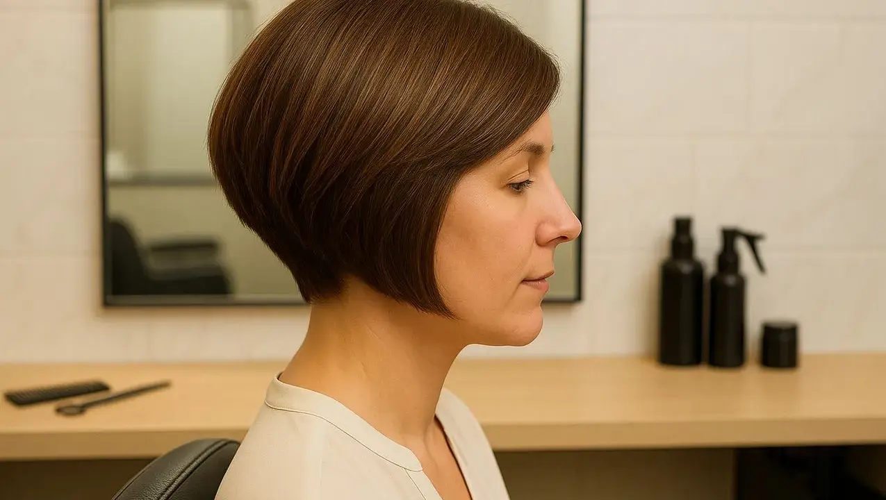Une femme avec un carré plongeant court, idéal pour des cheveux fins, pose dans un salon de coiffure.