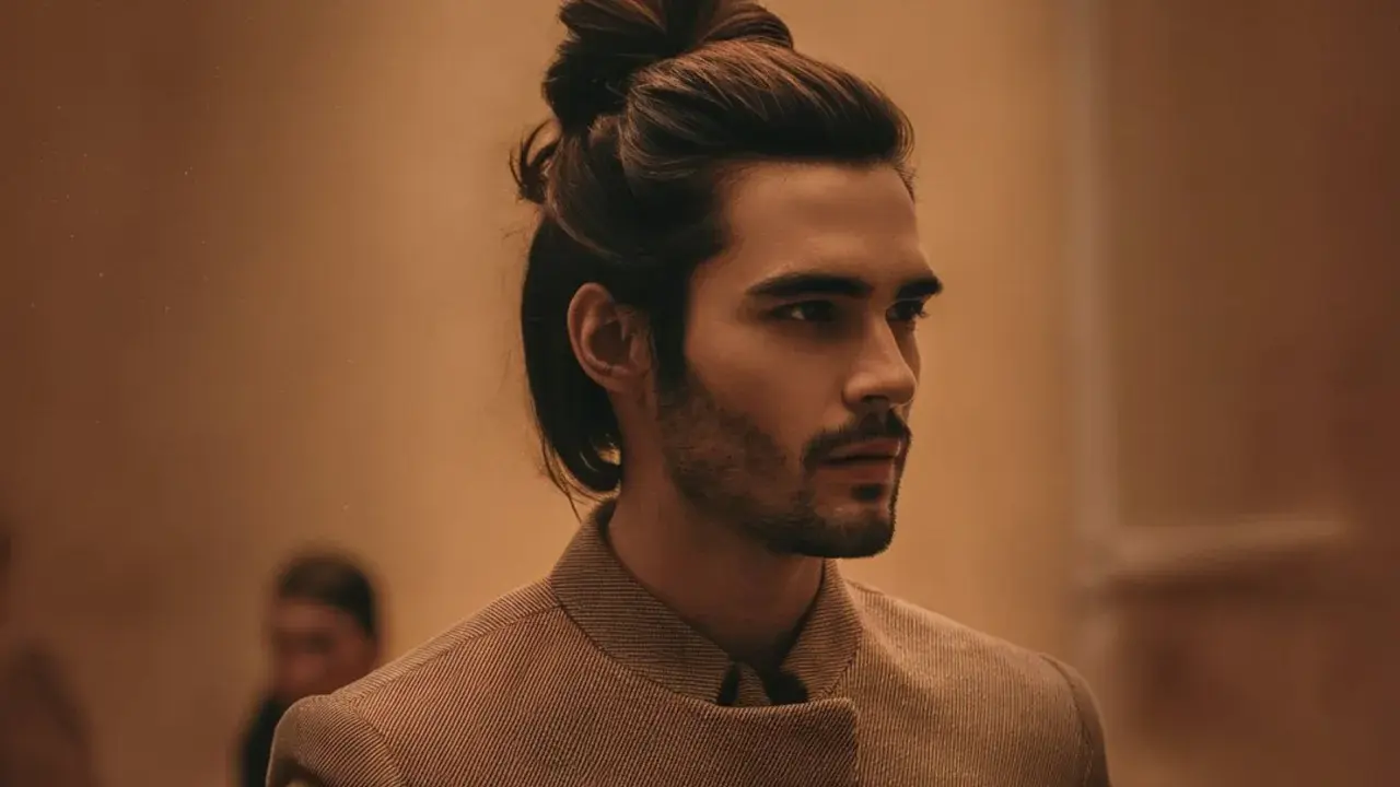 Un homme au man bun élégant, portant une veste texturée, pose avec assurance.