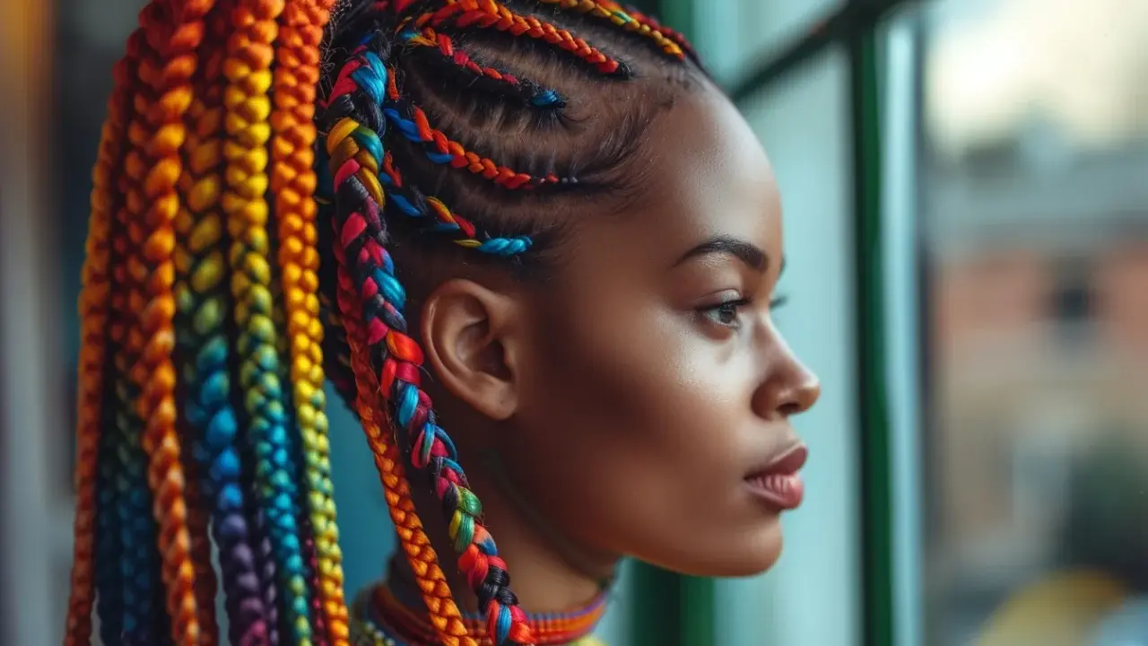 Coiffure cheveux bouclés avec tresse arc-en-ciel, une jeune femme regarde par la fenêtre.