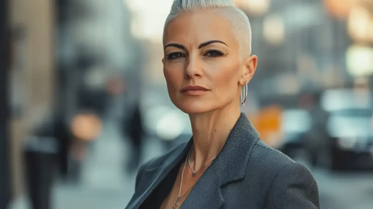 Femme au regard intense, arborant une coiffure rock femme court audacieuse et un blazer gris.