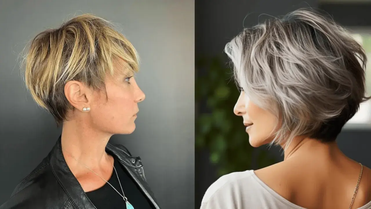 Deux femmes arborent une coupe de cheveux court effilé sauvage, l'une blonde texturisée, l'autre grisonnante et volumineuse.
