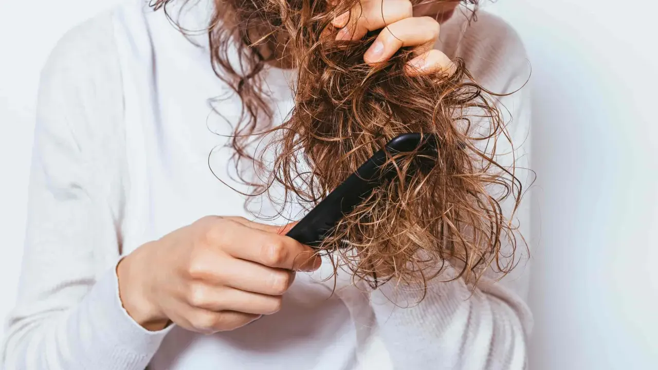 Une personne démêle ses cheveux mouillés et **cheveux emmêlés à la racine** avec un peigne noir.