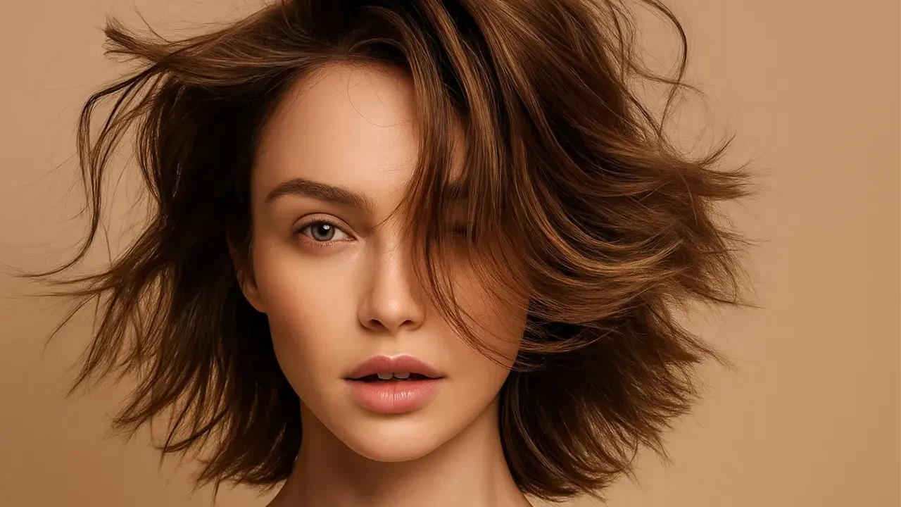 Visage de femme aux cheveux bruns volumineux, une mèche cache un œil. Une inspiration pour une routine cheveux fins.