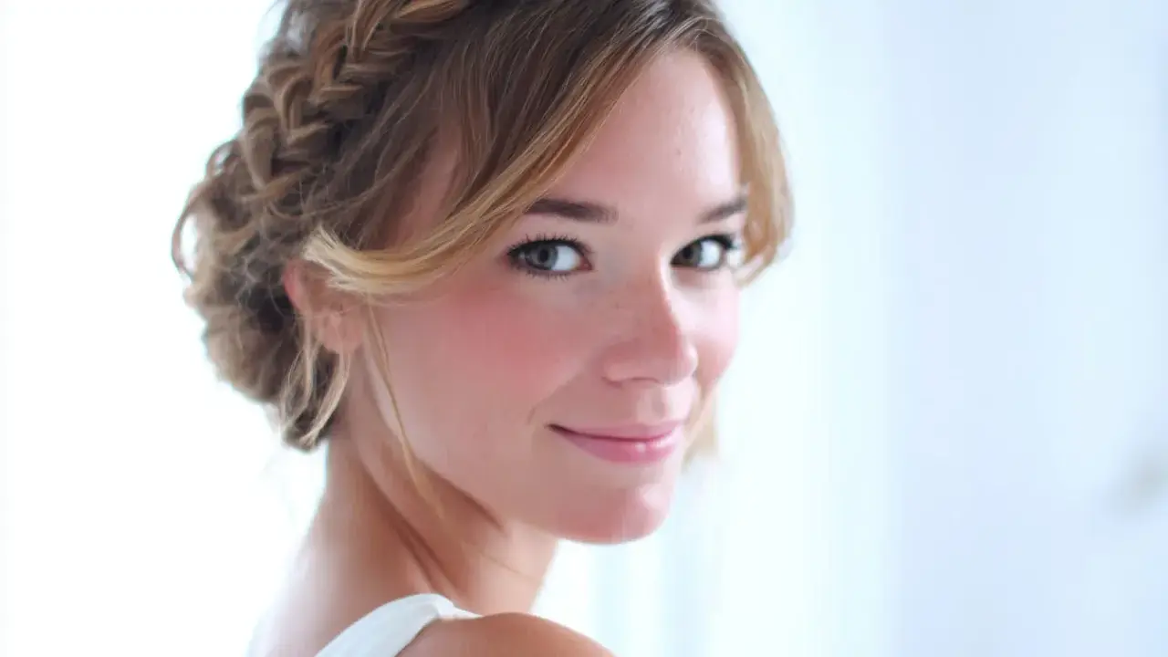 Une jeune femme au sourire doux arbore une coiffure demi tresse élégante, ses cheveux blonds ornés d'une tresse subtile.