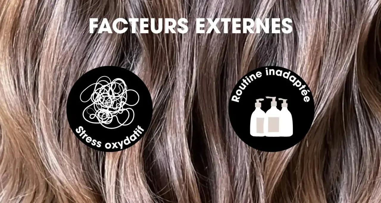 Facteurs externes affectant la **vitesse pousse cheveux** : stress oxydatif et routine inadaptée.