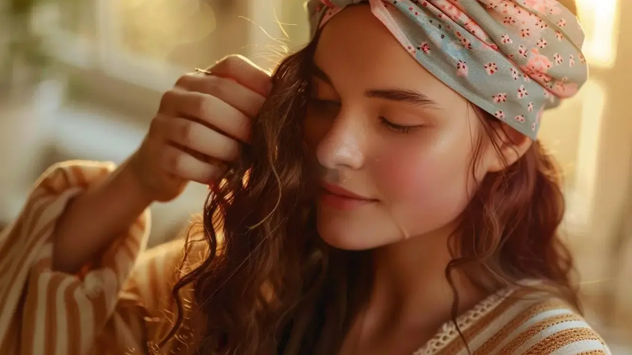 Jeune femme aux cheveux ondulés, portant un bandeau fleuri. Elle semble appliquer un masque sur cheveux sec ou humide, profitant d'une lumière douce.