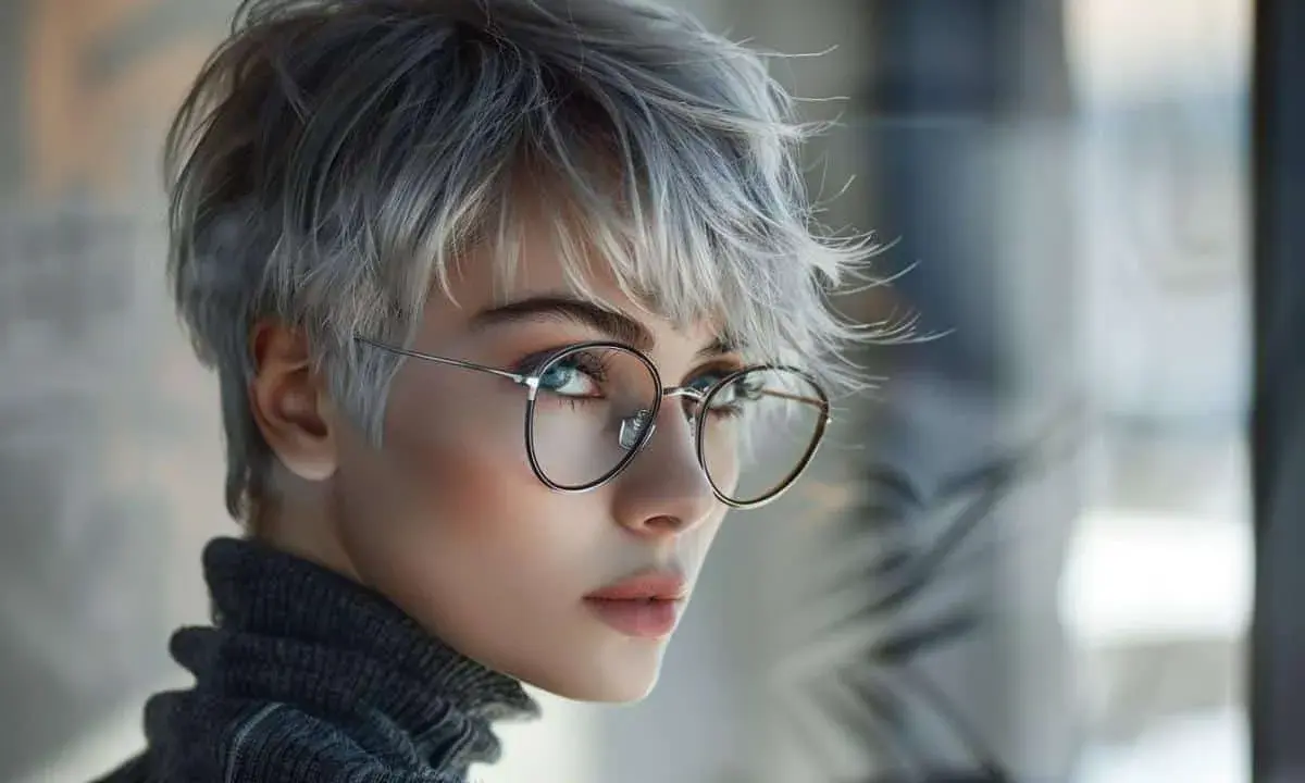 Une femme aux cheveux courts et gris porte des lunettes, son regard intense captivant.