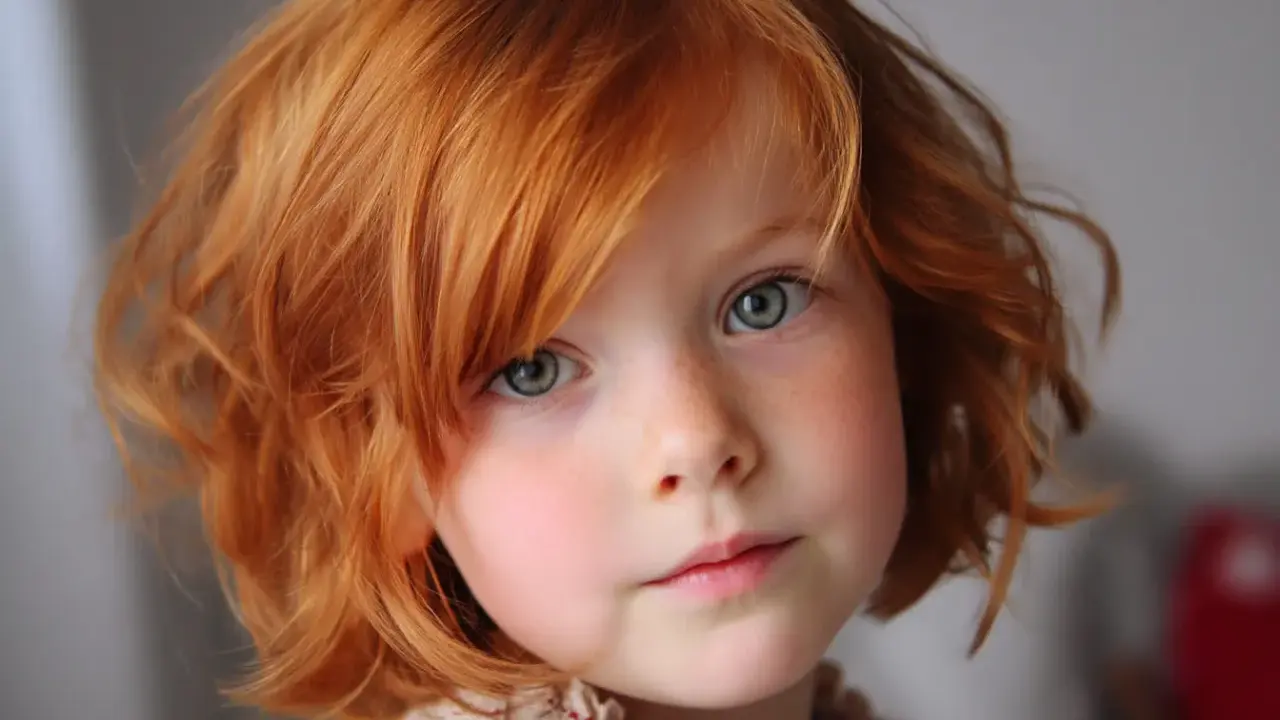 Adorable fillette aux cheveux roux et bouclés, avec une coupe carré. Ses yeux bleus pétillent de malice.