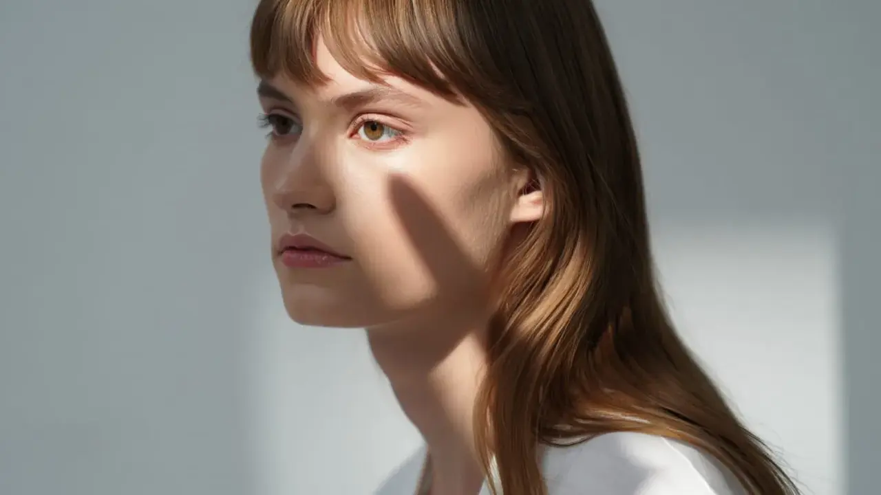 Une jeune femme aux cheveux châtains, une ombre sur le visage, parfaite pour apprendre comment coiffer une frange sur le côté.