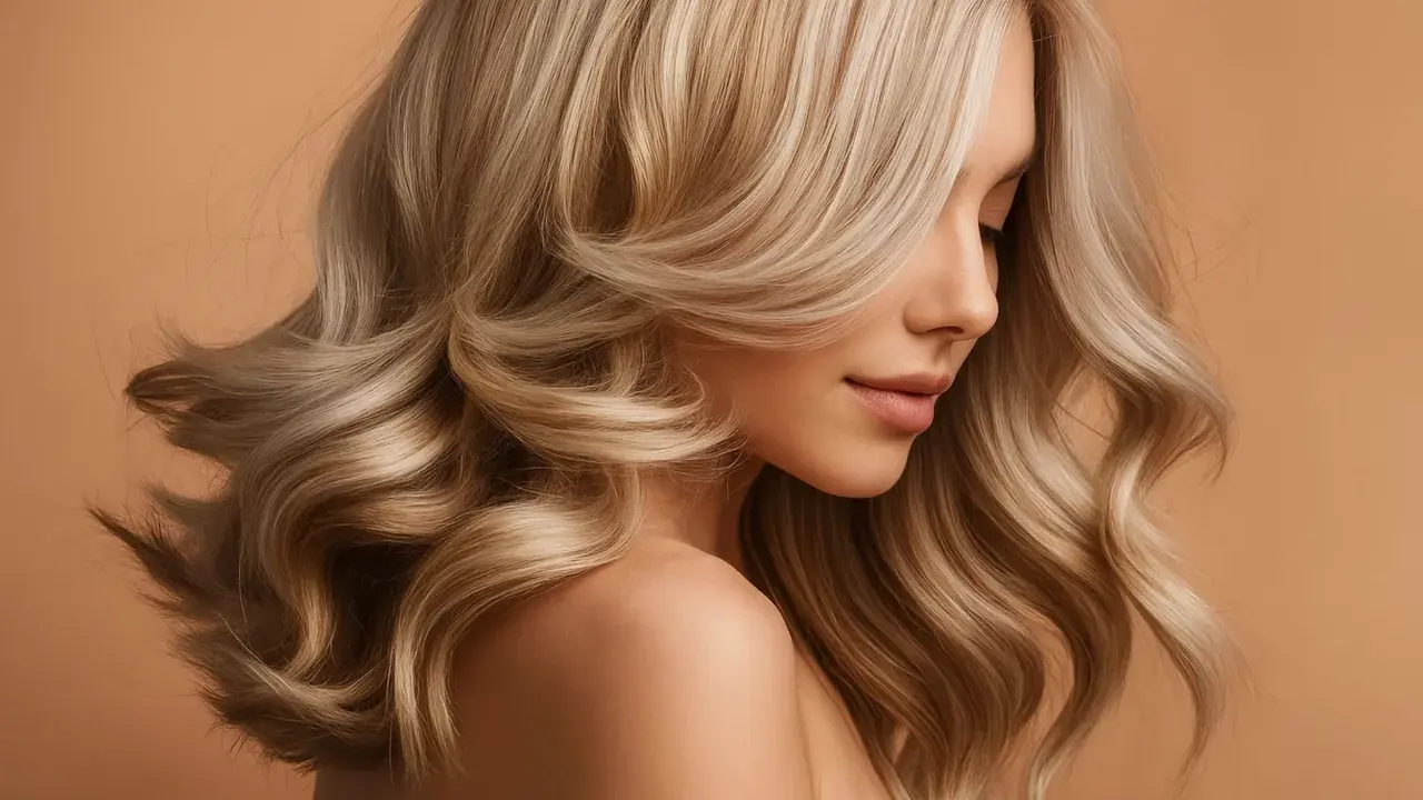 Une femme avec de magnifiques cheveux jaune, ondulés et brillants, pose de profil sur un fond uni.