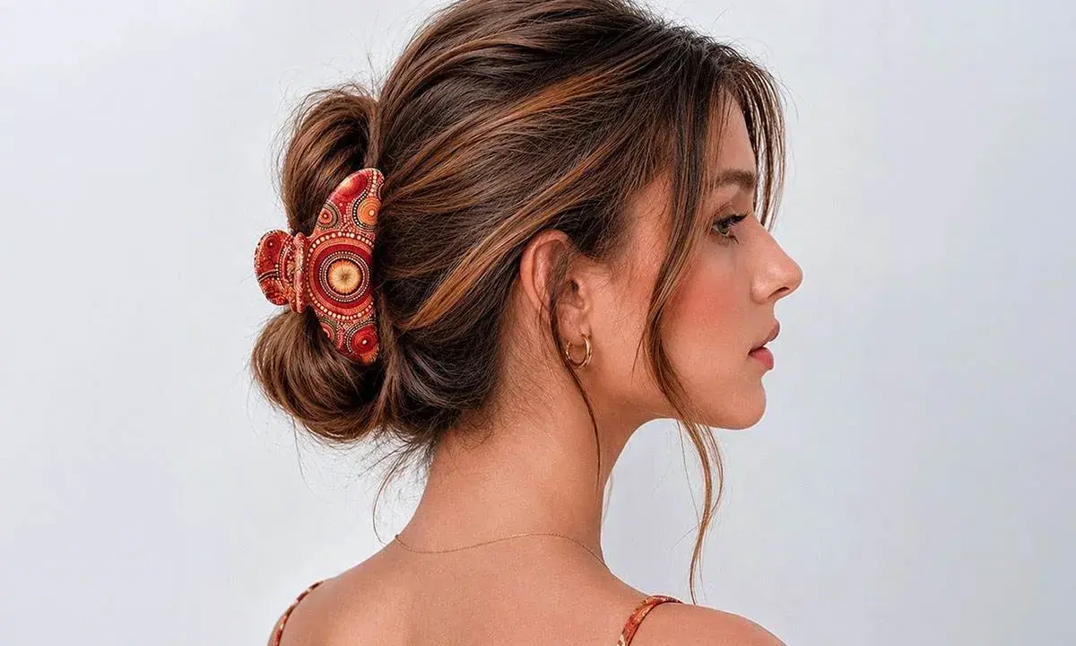 Coiffure chic avec une pince à cheveux ornée de motifs ethniques, retenant un chignon flou.