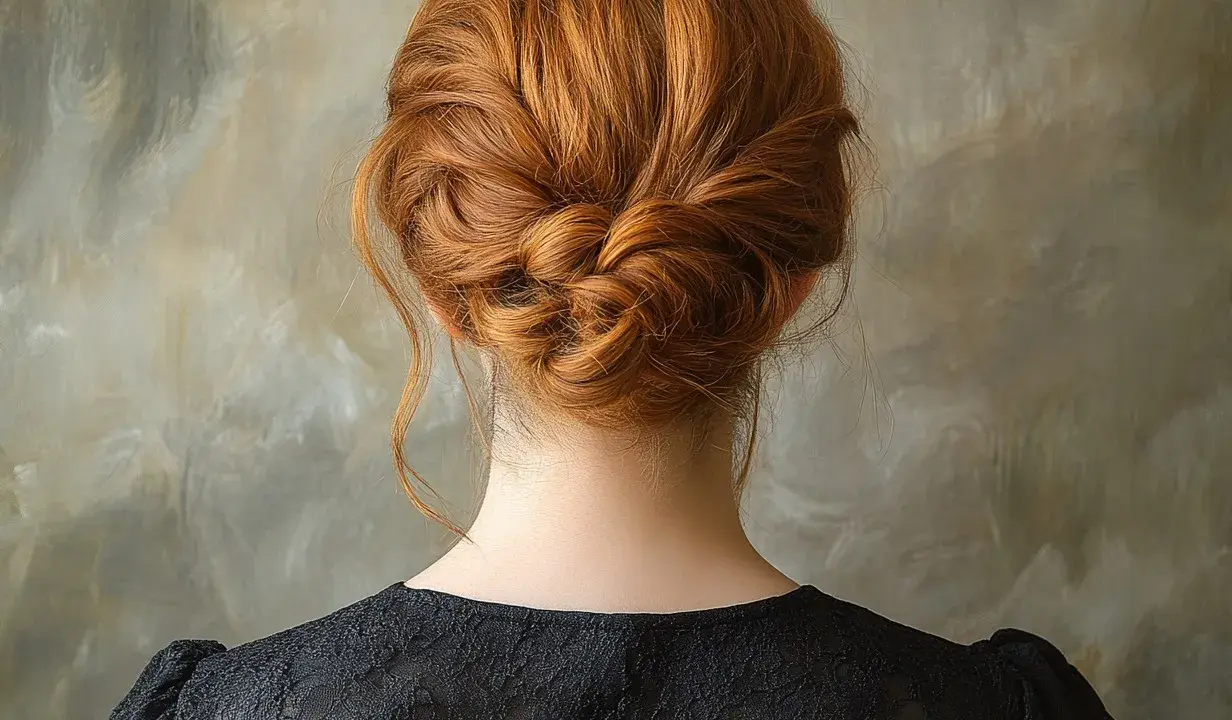 Chevelure rousse magnifiquement coiffée en un chignon bas tressé, orné de quelques mèches libres.