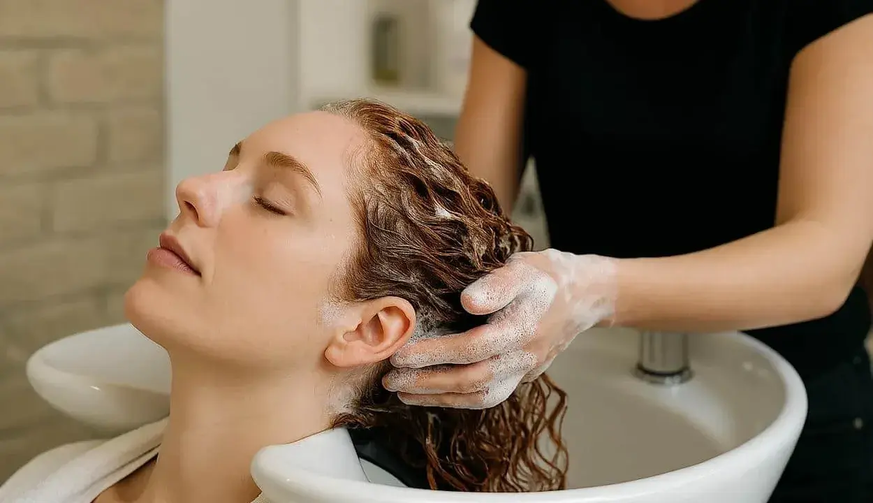 Une femme se fait laver les cheveux, une sensation de douceur pour contrer les cheveux électriques en hiver.