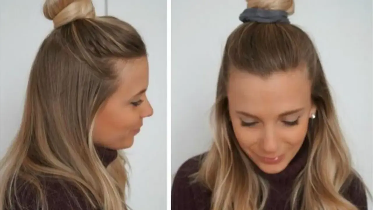 Coiffure simple et rapide cheveux mi long : un chignon haut sur le dessus de la tête, avec le reste des cheveux lâchés.